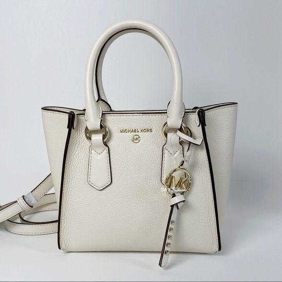 New Michael Kors Kris Small Pebbled Leather Satchel Crossbody Bag In Light Cream